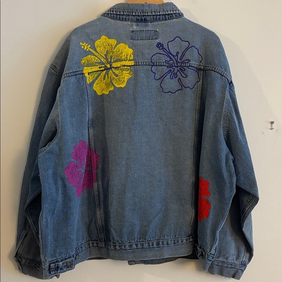 New Free People x Tricia Fix Hibiscus Floral Distressed Jean Jacket Women’s XL - Picture 6 of 16